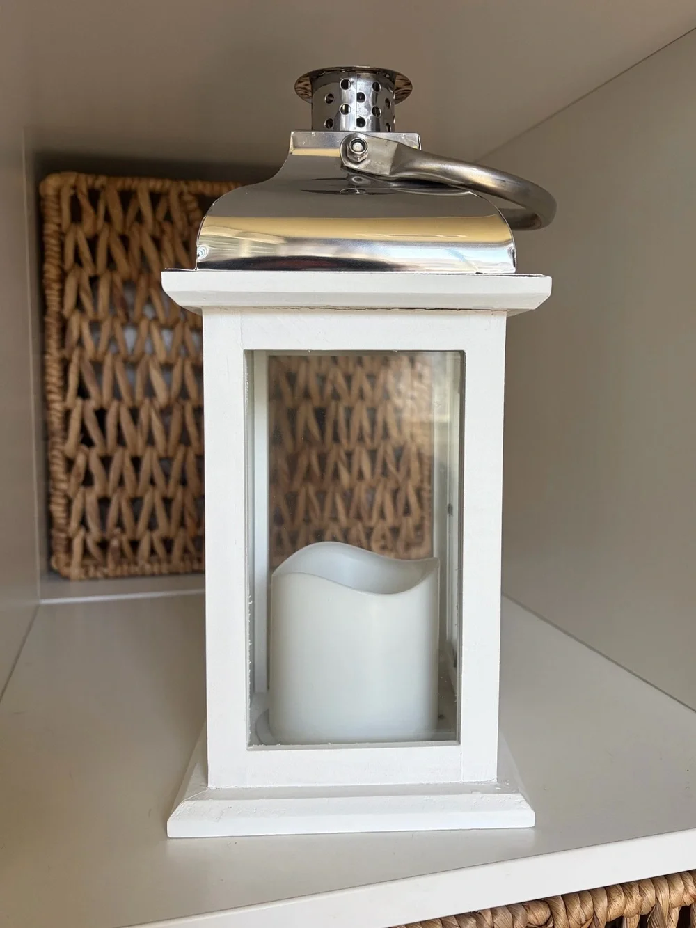 White Wood & Silver Metal Lantern with Flickering Candle